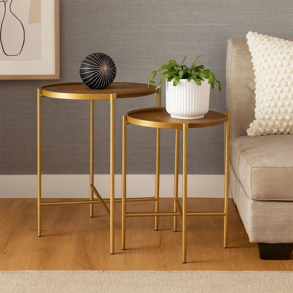 2 Piece Round Nesting Tables, Gold Iron, Modern Mango Wood, Warm Brown