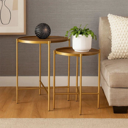 2 Piece Round Nesting Tables, Gold Iron, Modern Mango Wood, Warm Brown