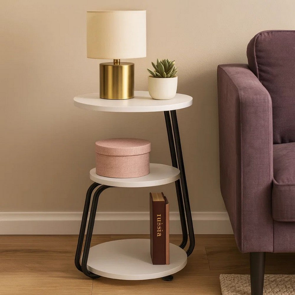 26 Inch Side End Table, 3 Tier Design, Black Metal Frame, White Finish