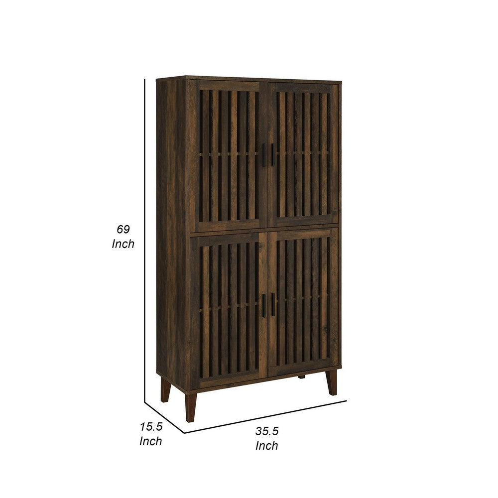 69 Inch Tall Accent Cabinet, Vertical Slatted Design, Brown and Black