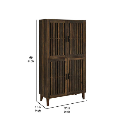 69 Inch Tall Accent Cabinet, Vertical Slatted Design, Brown and Black