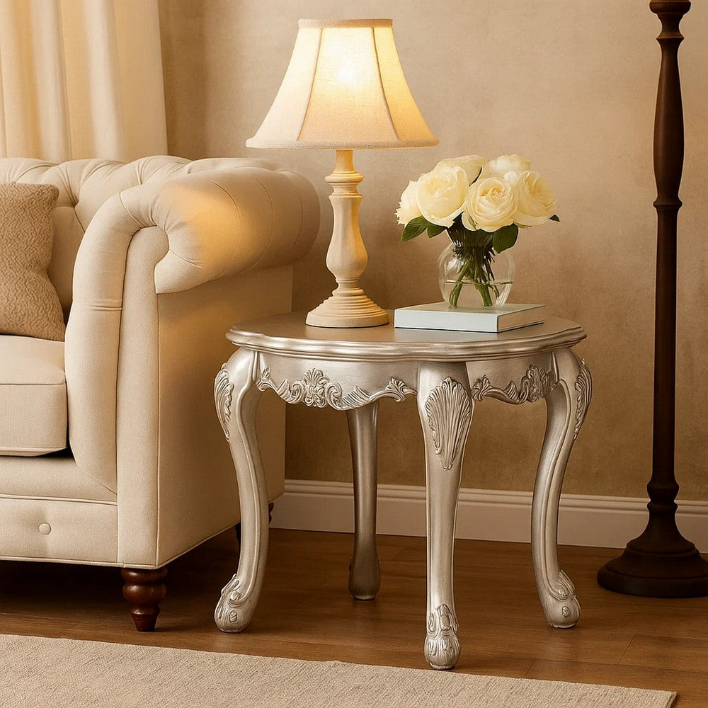 Ally 28 Inch Side End Table, Aspen Wood, Classic Scrollwork, Polyresin