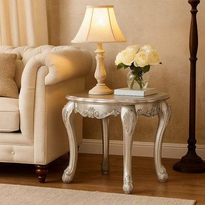 Ally 28 Inch Side End Table, Aspen Wood, Classic Scrollwork, Polyresin