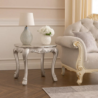 Ally 28 Inch Side End Table, Aspen Wood, Classic Scrollwork, Polyresin