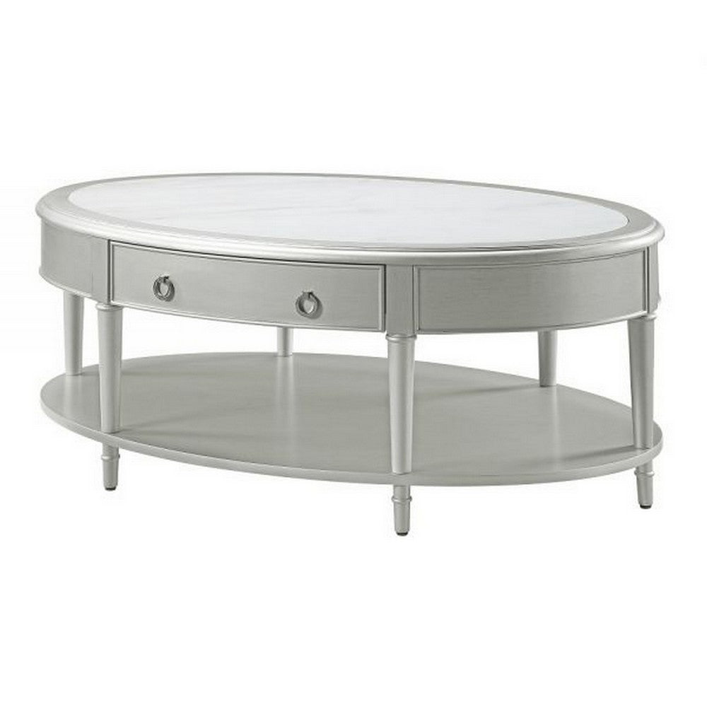 Kyna 50 Inch Coffee Table, Sintered Top, 1 Drawer, Classic Oval, Silver