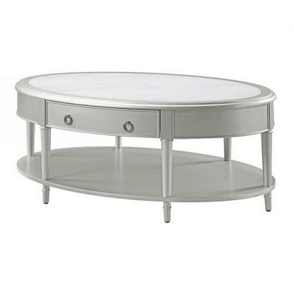 Kyna 50 Inch Coffee Table, Sintered Top, 1 Drawer, Classic Oval, Silver