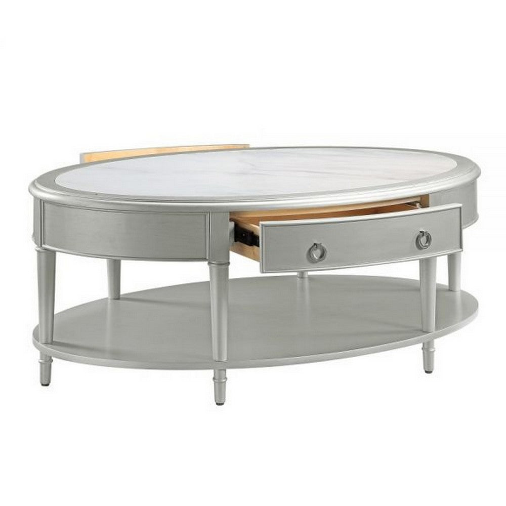 Kyna 50 Inch Coffee Table, Sintered Top, 1 Drawer, Classic Oval, Silver