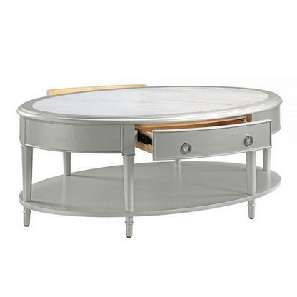 Kyna 50 Inch Coffee Table, Sintered Top, 1 Drawer, Classic Oval, Silver