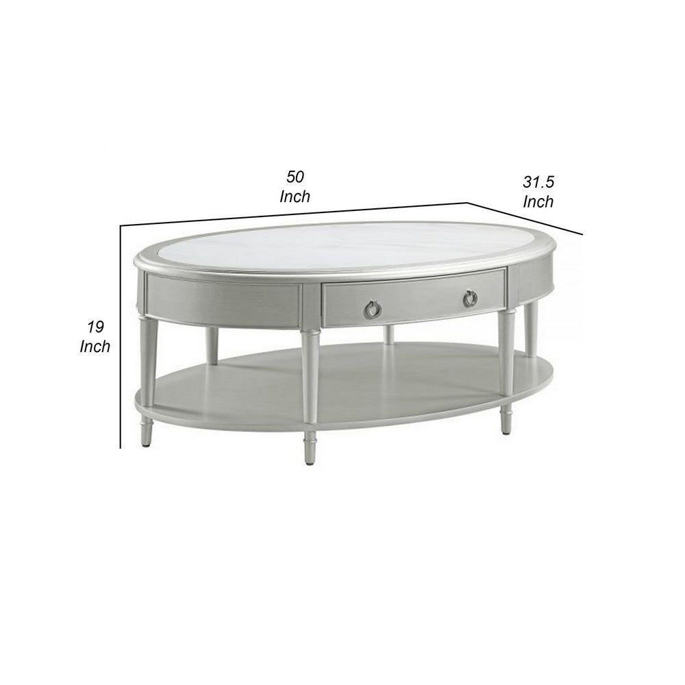 Kyna 50 Inch Coffee Table, Sintered Top, 1 Drawer, Classic Oval, Silver