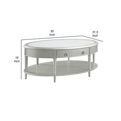 Kyna 50 Inch Coffee Table, Sintered Top, 1 Drawer, Classic Oval, Silver