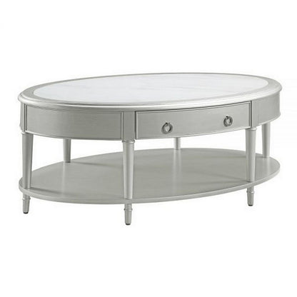 Kyna 50 Inch Coffee Table, Sintered Top, 1 Drawer, Classic Oval, Silver