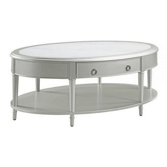 Kyna 50 Inch Coffee Table, Sintered Top, 1 Drawer, Classic Oval, Silver