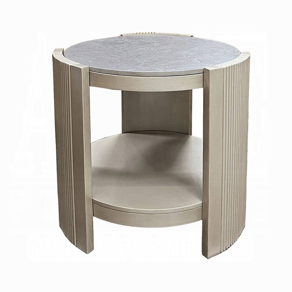 Kyna 26 Inch Side End Table, Modern Sintered Top, 1 Shelf, Round, Champagne Silver