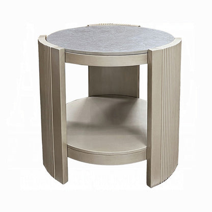 Kyna 26 Inch Side End Table, Modern Sintered Top, 1 Shelf, Round, Champagne Silver