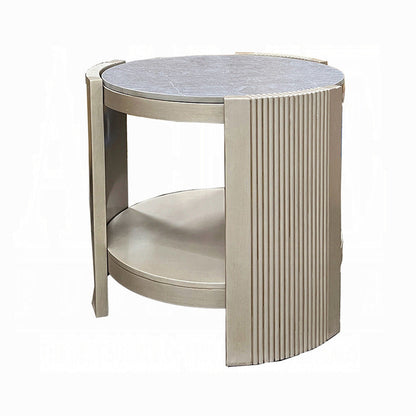 Kyna 26 Inch Side End Table, Modern Sintered Top, 1 Shelf, Round, Champagne Silver