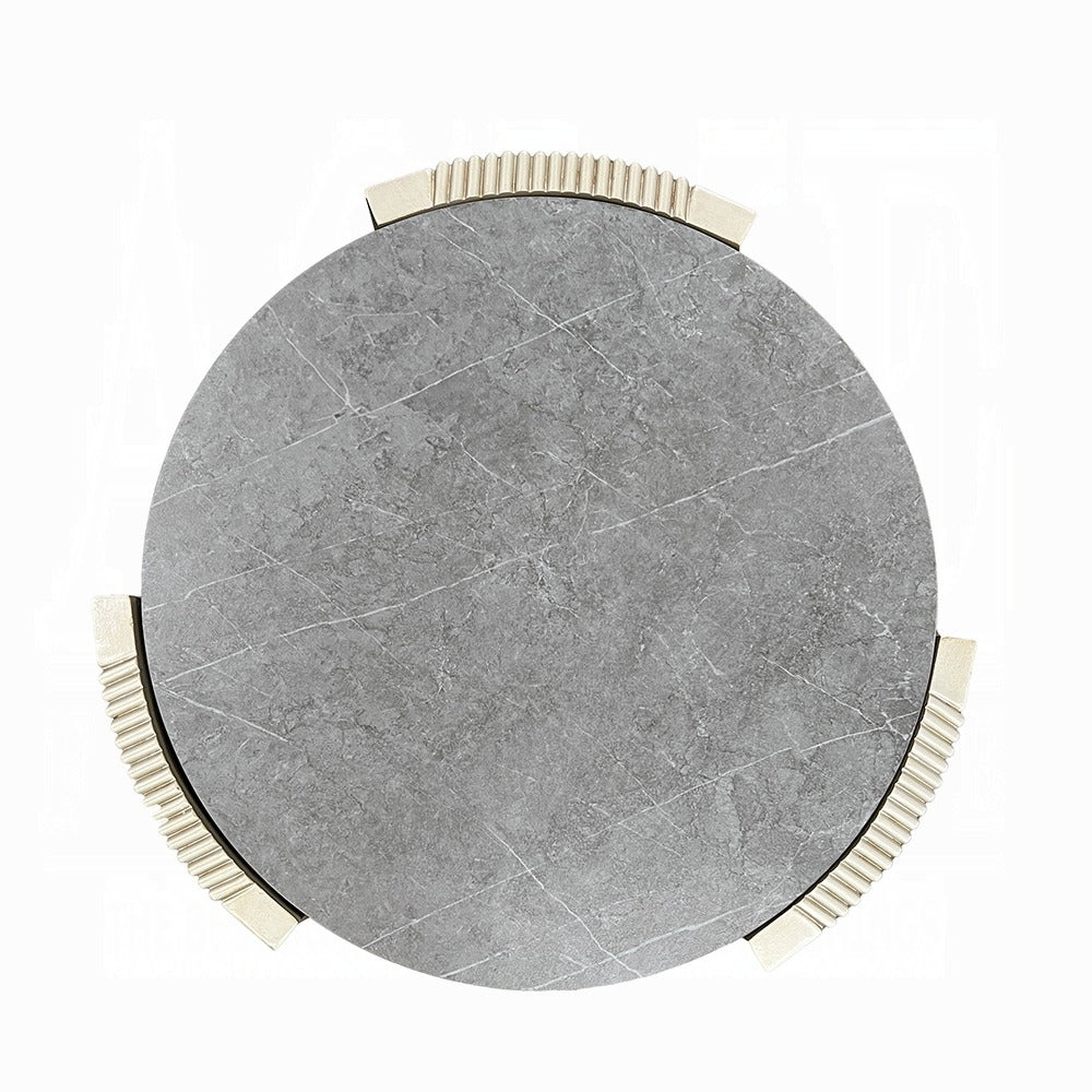Kyna 26 Inch Side End Table, Modern Sintered Top, 1 Shelf, Round, Champagne Silver