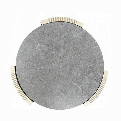 Kyna 26 Inch Side End Table, Modern Sintered Top, 1 Shelf, Round, Champagne Silver