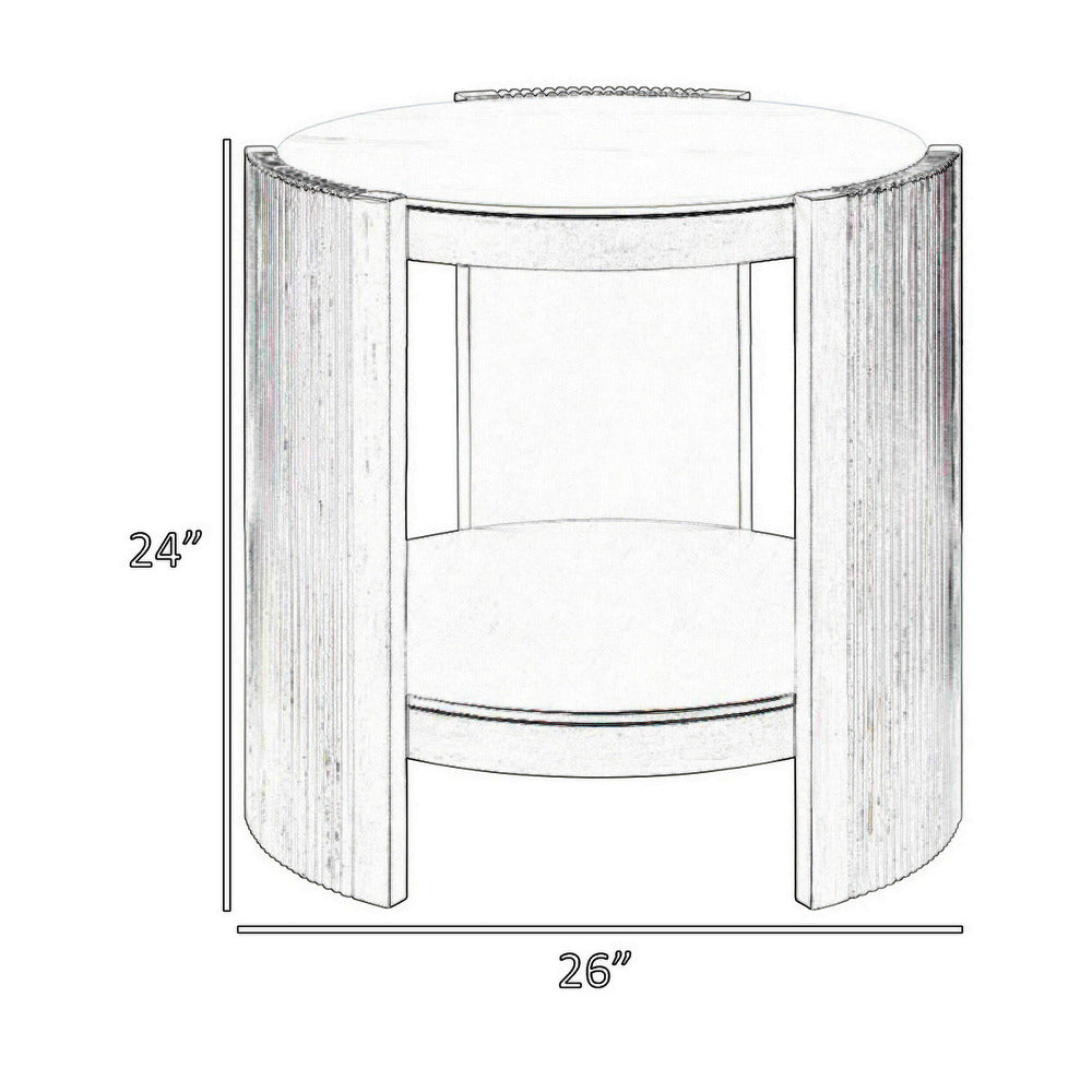 Kyna 26 Inch Side End Table, Modern Sintered Top, 1 Shelf, Round, Champagne Silver
