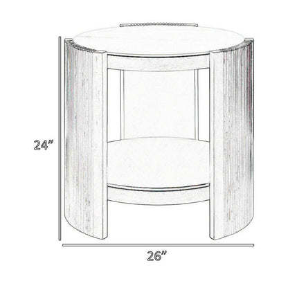 Kyna 26 Inch Side End Table, Modern Sintered Top, 1 Shelf, Round, Champagne Silver