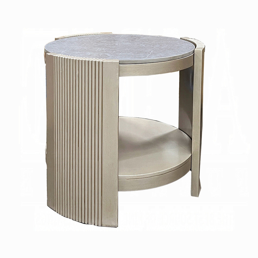 Kyna 26 Inch Side End Table, Modern Sintered Top, 1 Shelf, Round, Champagne Silver