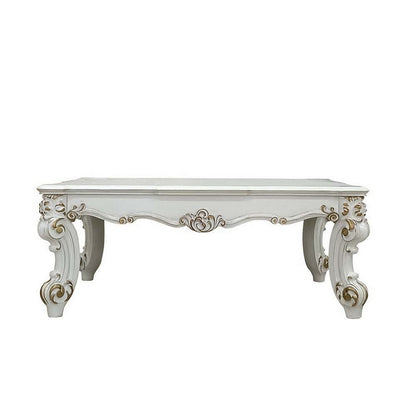 Jess 53 Inch Coffee Table, Traditional Scrolled Legs, Brushed Gold, White