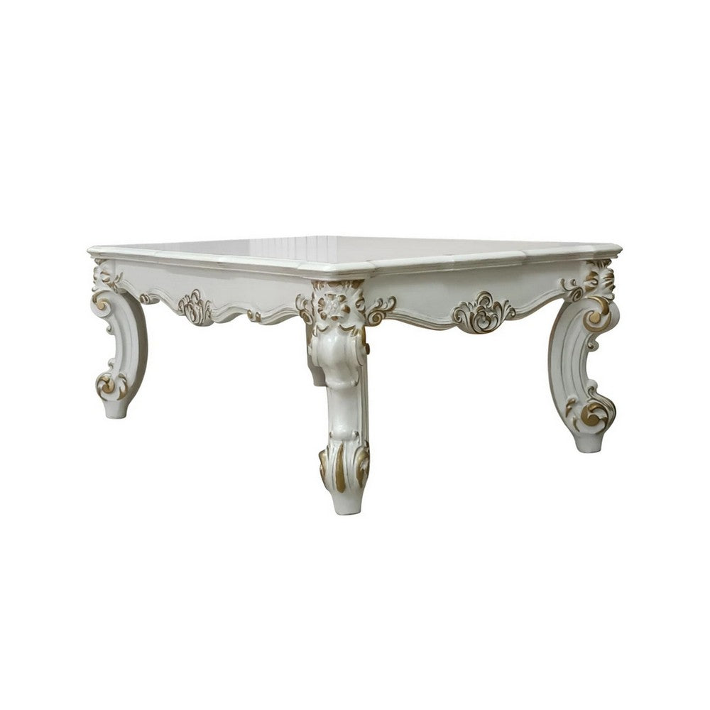 Jess 53 Inch Coffee Table, Traditional Scrolled Legs, Brushed Gold, White