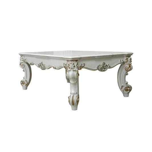Jess 53 Inch Coffee Table, Traditional Scrolled Legs, Brushed Gold, White