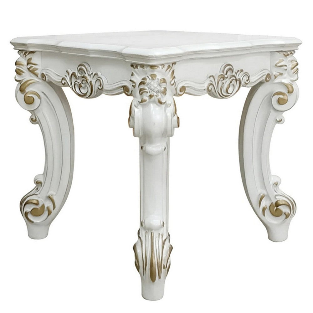 Jess 26 Inch Side End Table, Traditional Scrolled Legs, Brushed Gold, White