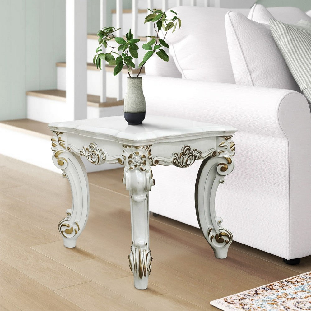 Jess 26 Inch Side End Table, Traditional Scrolled Legs, Brushed Gold, White