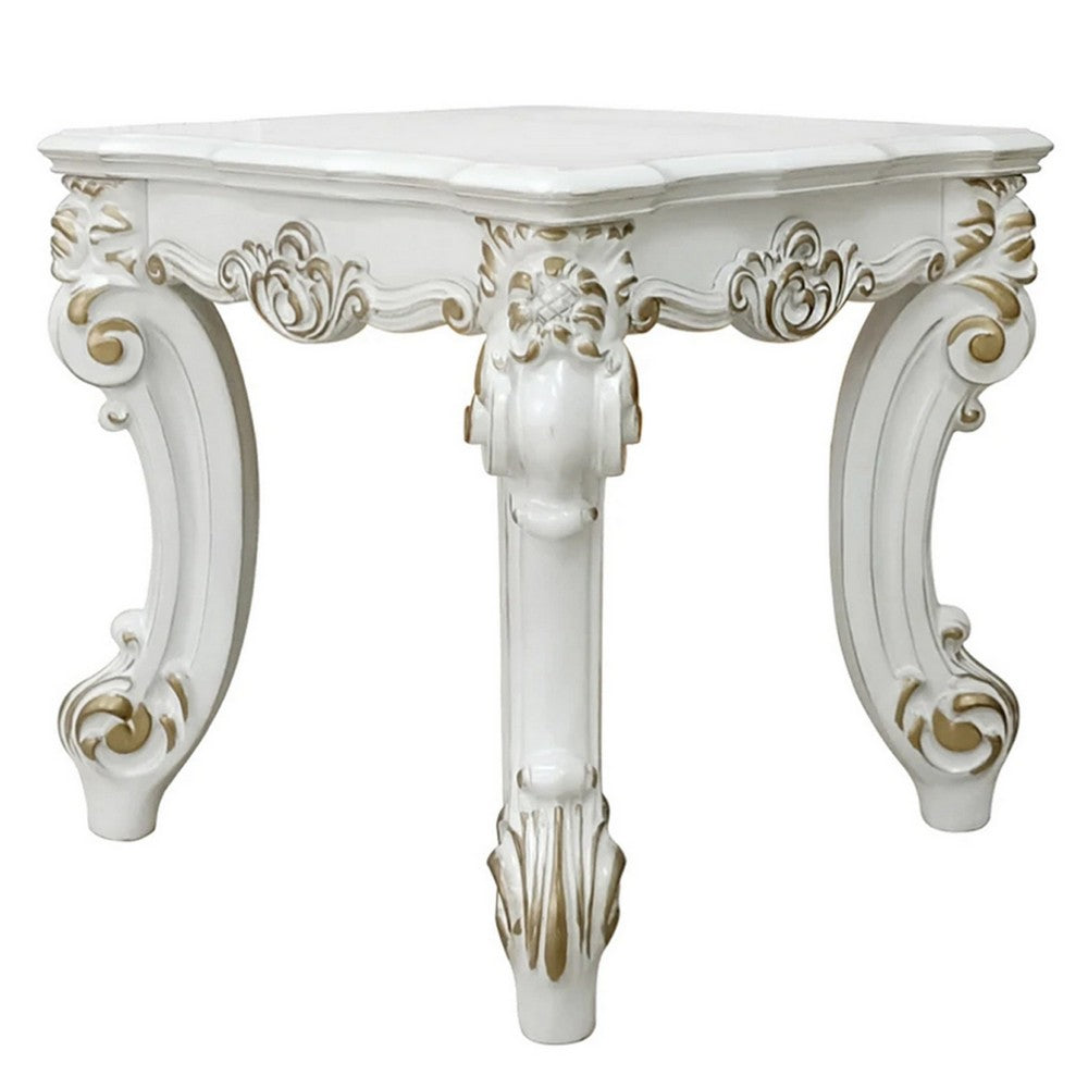 Jess 26 Inch Side End Table, Traditional Scrolled Legs, Brushed Gold, White
