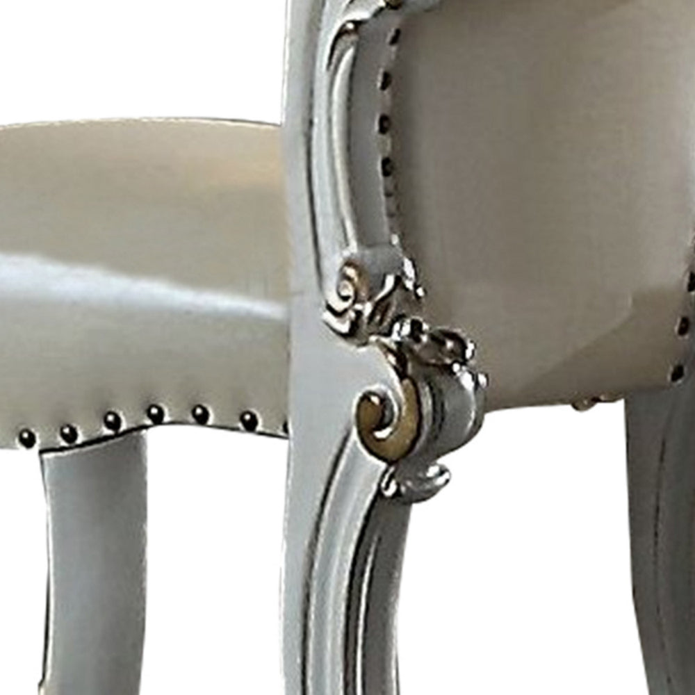 Jess 25 Inch Vanity Chair, Vegan Faux Leather, Rolled Back, Queen Anne Legs