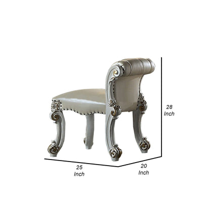 Jess 25 Inch Vanity Chair, Vegan Faux Leather, Rolled Back, Queen Anne Legs