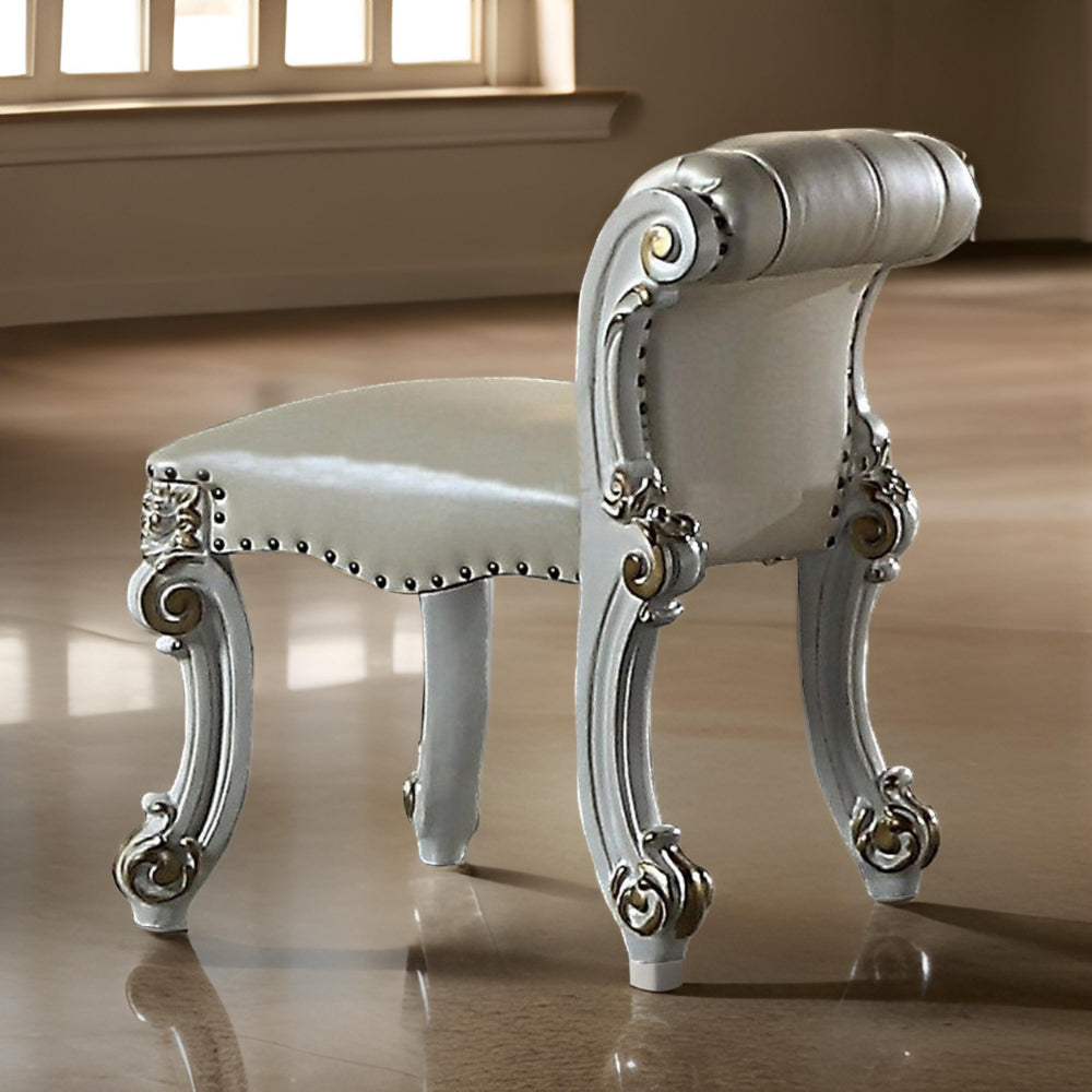 Jess 25 Inch Vanity Chair, Vegan Faux Leather, Rolled Back, Queen Anne Legs