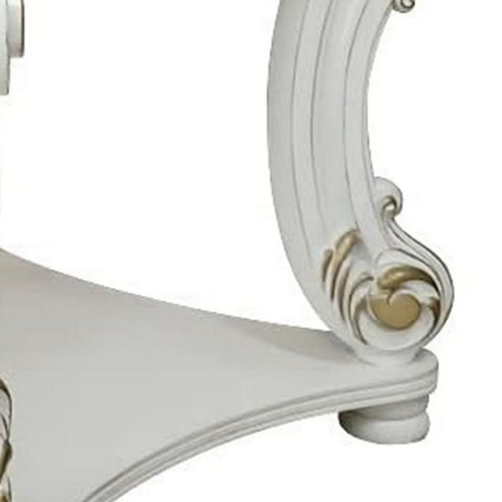 Jess 30 Inch Side End Table, Classic Scrolled Legs, 1 Shelf, Brushed Gold