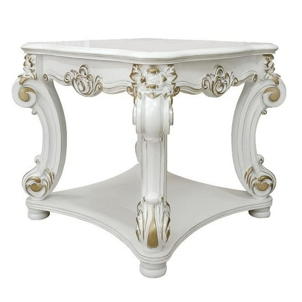 Jess 30 Inch Side End Table, Classic Scrolled Legs, 1 Shelf, Brushed Gold