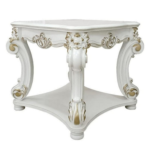Jess 30 Inch Side End Table, Classic Scrolled Legs, 1 Shelf, Brushed Gold