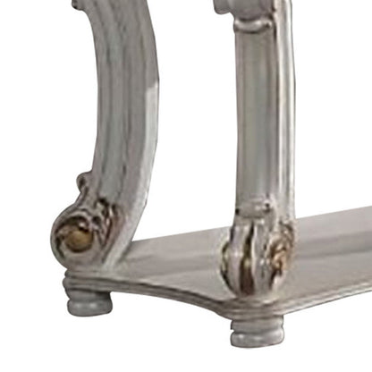 Jess 58 Inch Sofa Console Table, Classic Scrolled Legs, Brushed Gold, Shelf