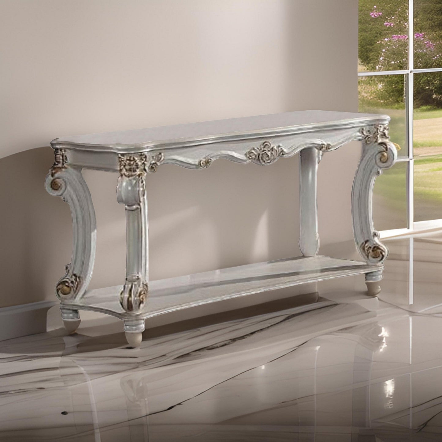 Jess 58 Inch Sofa Console Table, Classic Scrolled Legs, Brushed Gold, Shelf