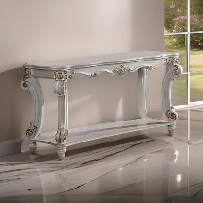 Jess 58 Inch Sofa Console Table, Classic Scrolled Legs, Brushed Gold, Shelf