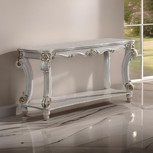 Jess 58 Inch Sofa Console Table, Classic Scrolled Legs, Brushed Gold, Shelf