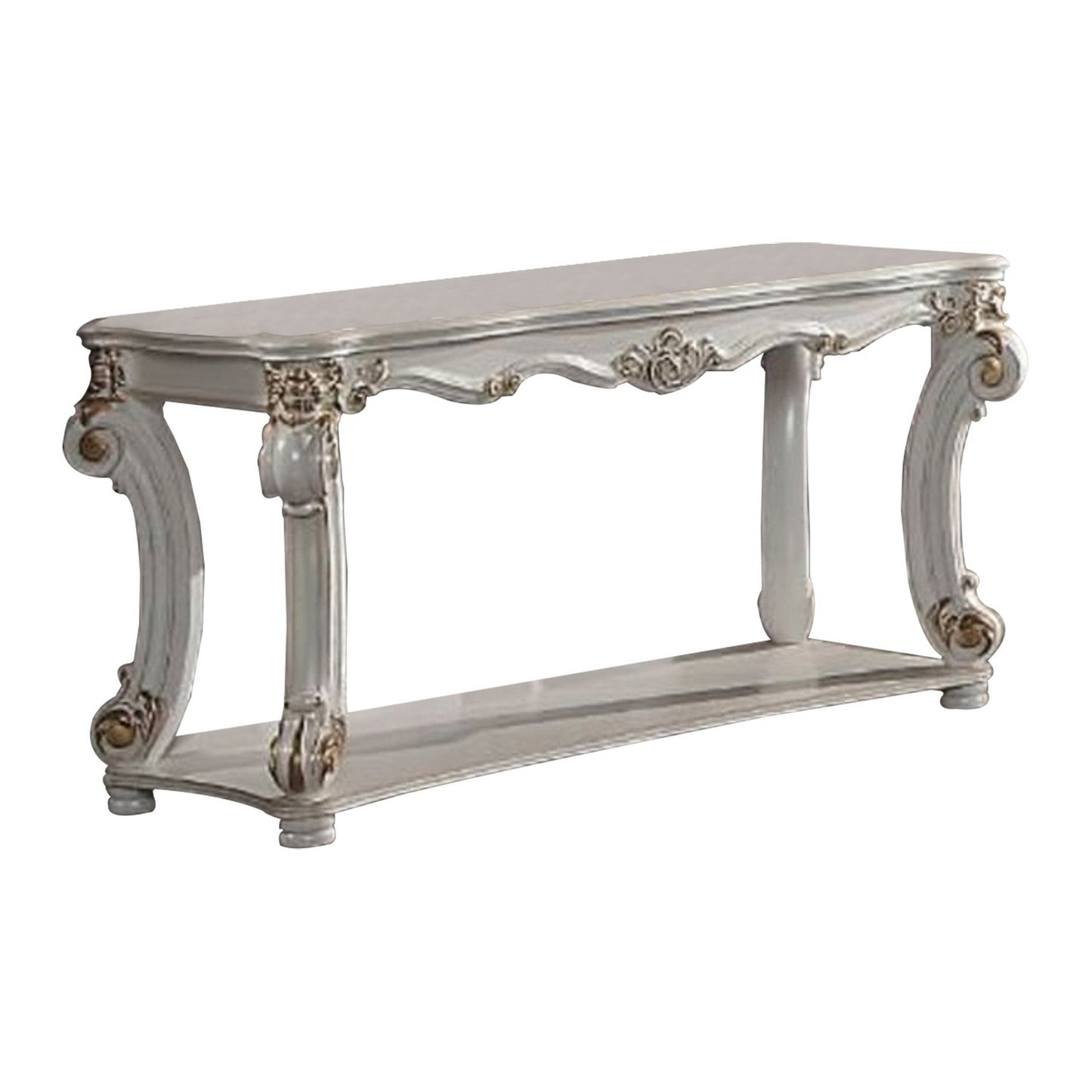 Jess 58 Inch Sofa Console Table, Classic Scrolled Legs, Brushed Gold, Shelf