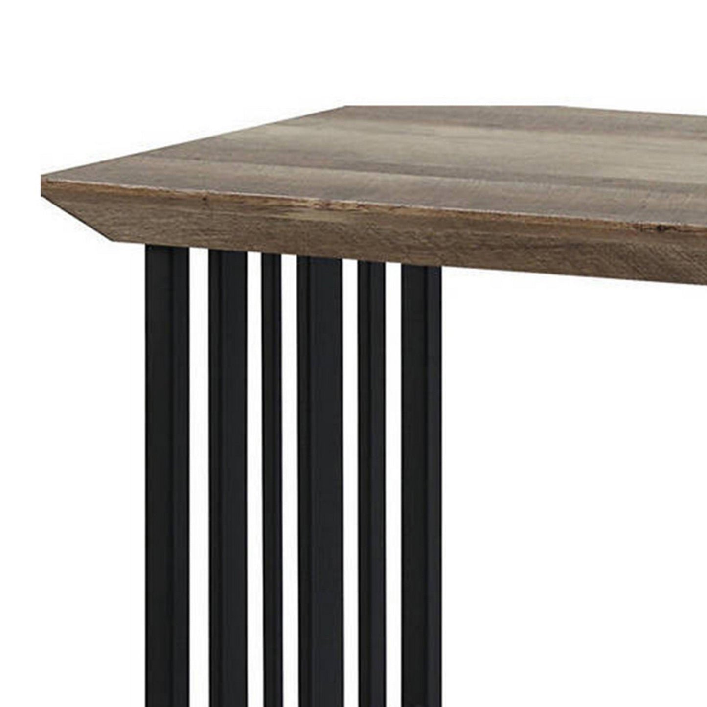Nori 47 Inch Sofa Table, Metal Strip Base, MDF, Antique Oak Brown and Black