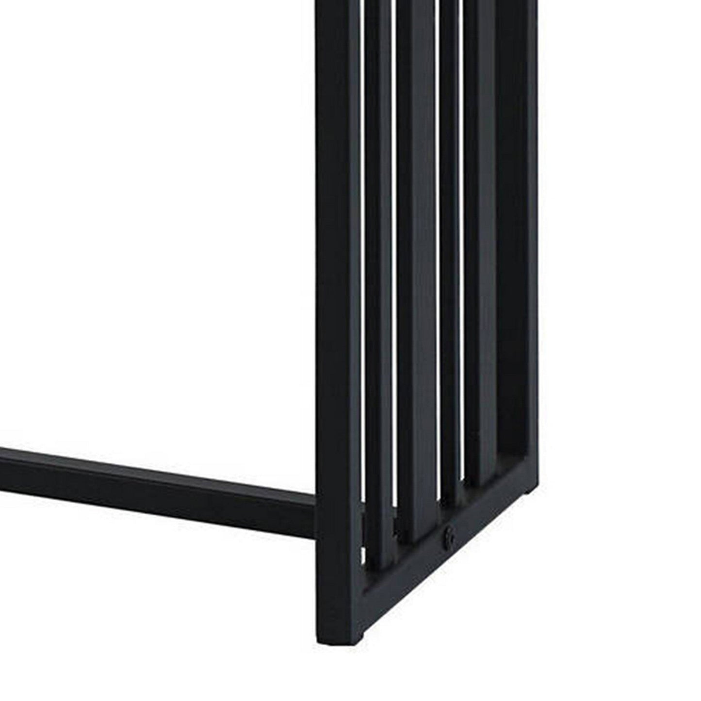 Nori 47 Inch Sofa Table, Metal Strip Base, MDF, Antique Oak Brown and Black