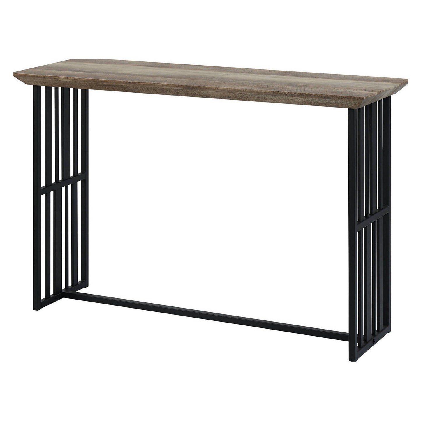 Nori 47 Inch Sofa Table, Metal Strip Base, MDF, Antique Oak Brown and Black