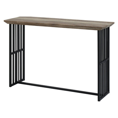 Nori 47 Inch Sofa Table, Metal Strip Base, MDF, Antique Oak Brown and Black