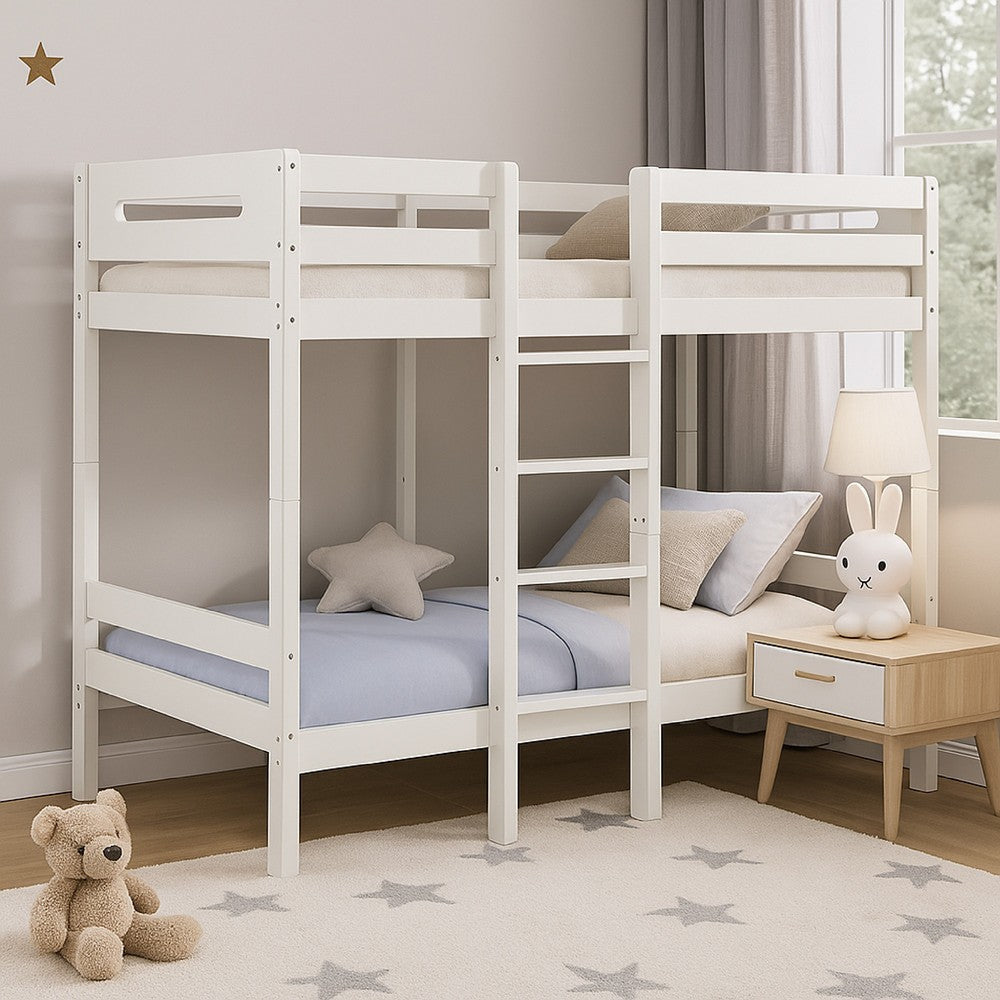 Asin Twin Bunk Bed with Front Facing Ladder, Pine Wood, Crisp White