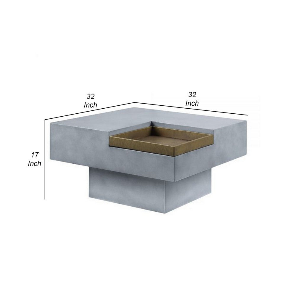 32 Inch Coffee Table with Removable Tray, Cement Construction, Smooth Gray
