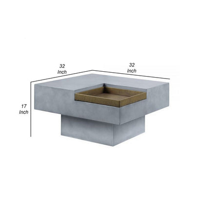 32 Inch Coffee Table with Removable Tray, Cement Construction, Smooth Gray