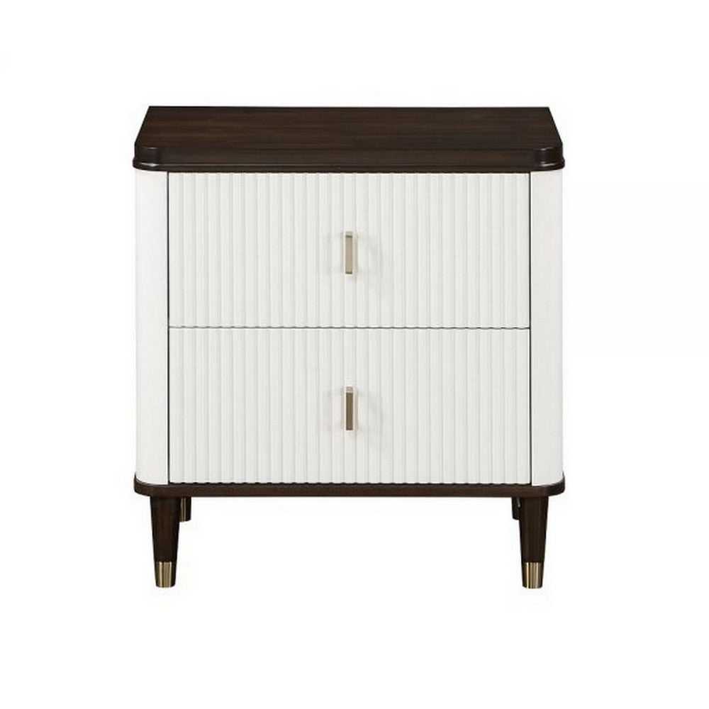 Aren 27 Inch Nightstand, 2 Drawers, USB Charger, Solid Wood, White, Brown