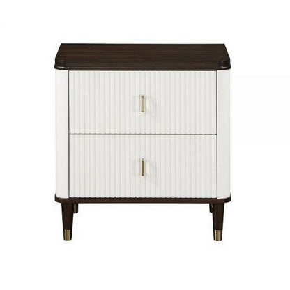 Aren 27 Inch Nightstand, 2 Drawers, USB Charger, Solid Wood, White, Brown